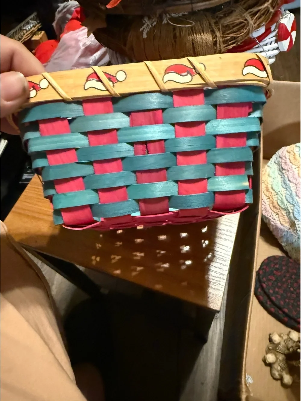 Handwoven Christmas Basket with Braided Heart-Shaped Coasters Set